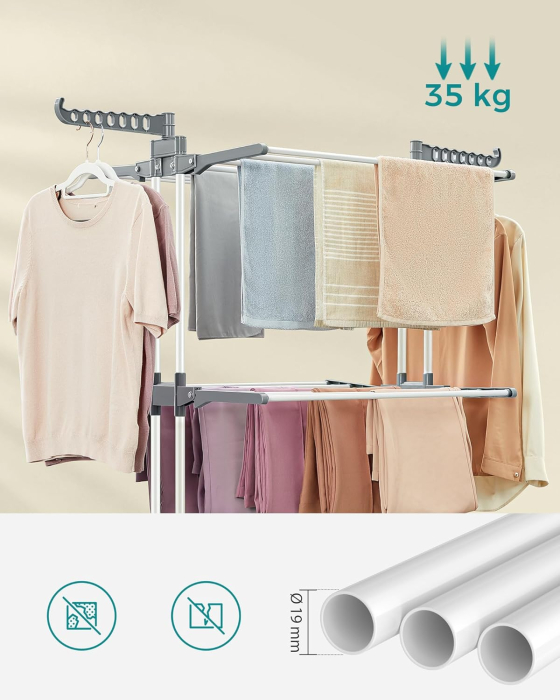 Uscator rufe pliabil 4 niveluri cu aripi laterale si roti, otel inoxidabil, max 35 kg, 126x64x172 cm, alb [8]