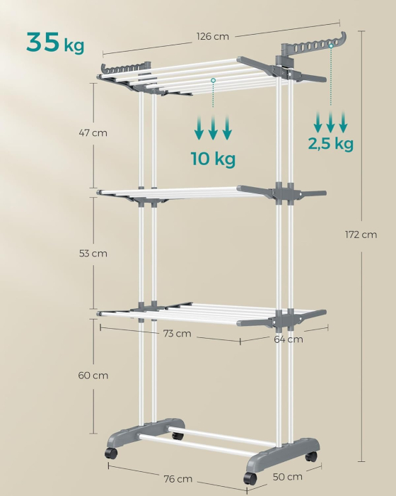 Uscator rufe pliabil 4 niveluri cu aripi laterale si roti, otel inoxidabil, max 35 kg, 126x64x172 cm, alb [2]