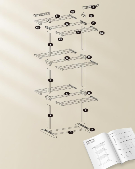 Uscator rufe pliabil 4 niveluri cu aripi laterale si roti, otel inoxidabil, max 35 kg, 126x64x172 cm, alb [4]