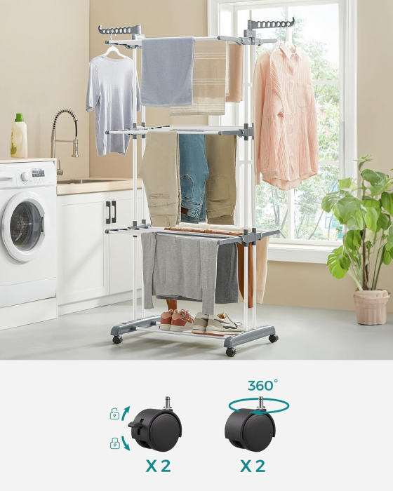 Uscator rufe pliabil 4 niveluri cu aripi laterale si roti, otel inoxidabil, max 35 kg, 126x64x172 cm, alb [3]