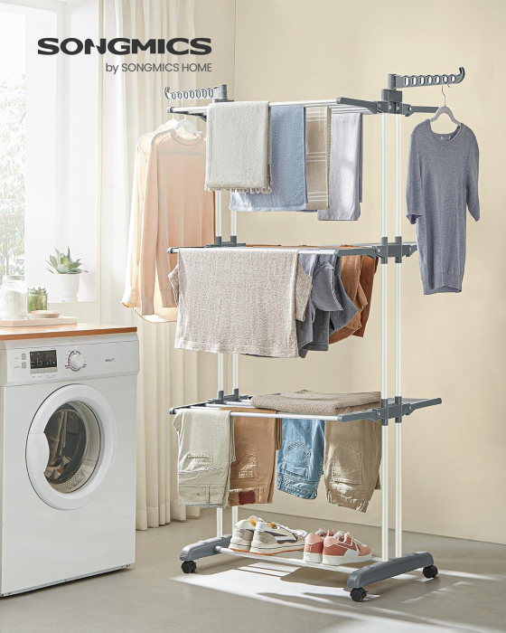 Uscator rufe pliabil 4 niveluri cu aripi laterale si roti, otel inoxidabil, max 35 kg, 126x64x172 cm, alb [7]