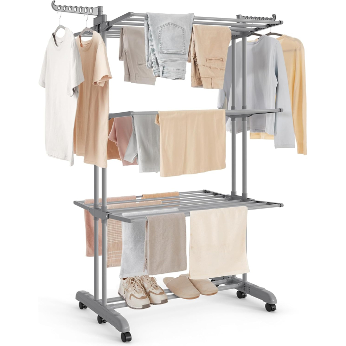 Uscator de rufe pliabil cu 4 niveluri, 6 roti, capacitate 41 kg, 64x126x173 cm, gri [8]