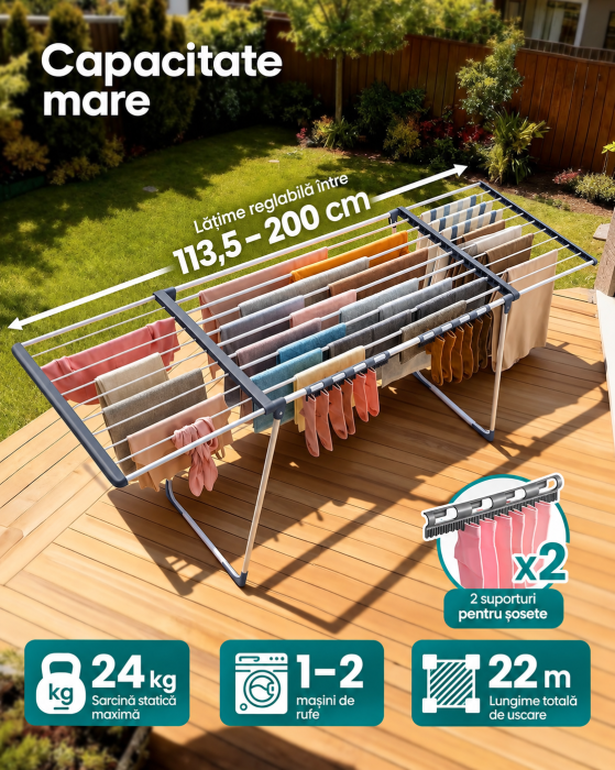 Uscator de rufe pliabil cu aripi extensibile, 22 m spatiu de uscare pentru aproximativ 2 masini de rufe, latime reglabila 114-200 cm, capacit [4]
