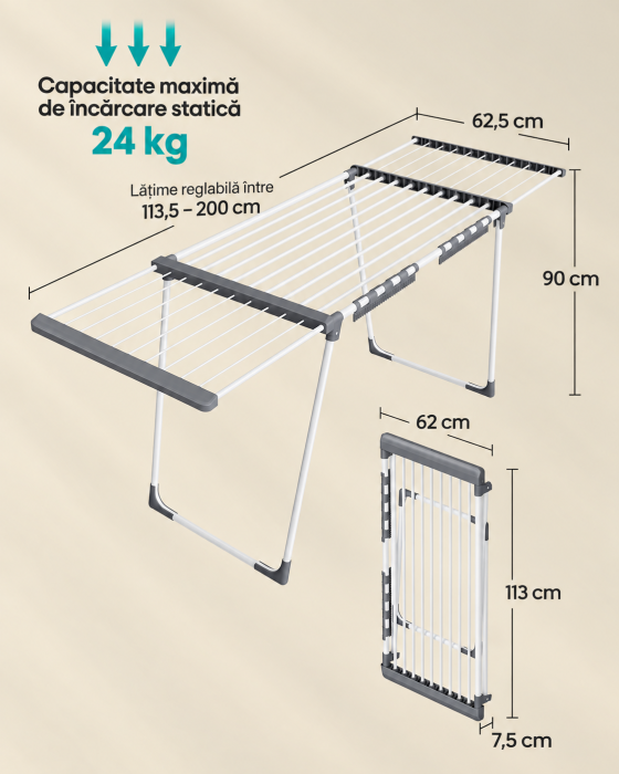 Uscator de rufe pliabil cu aripi extensibile, 22 m spatiu de uscare pentru aproximativ 2 masini de rufe, latime reglabila 114-200 cm, capacit [3]