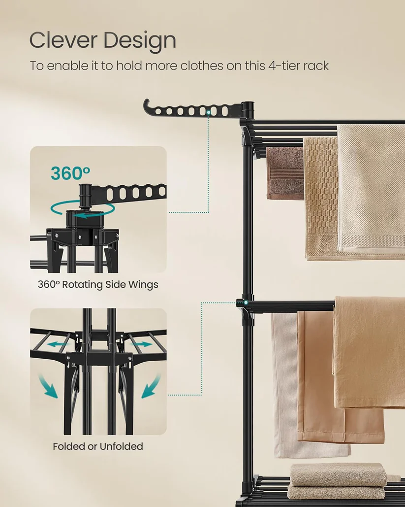 Uscator rufe pliabil 4 niveluri cu roti si frana, inox si plastic, aripi laterale pivotante, max 35 kg, 128x64x173 cm, negru [6]