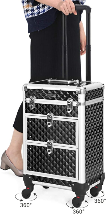 SONGMICS Valiza pentru cosmetice cu roti, profesionala, inchidere cu cheie, 24x34x56cm, negru [5]