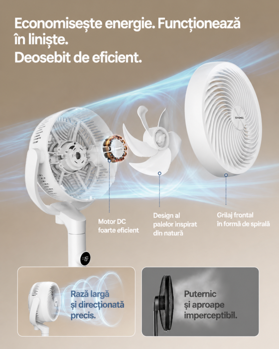Ventilator cu picior reglabil pe inaltime, silentios 20 dB, 24 W, 15 viteze, telecomanda, oscilatie 120  , alb [5]
