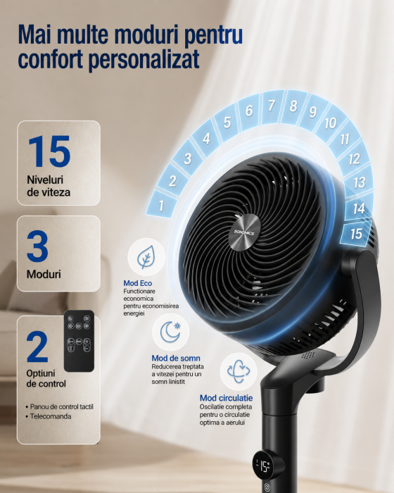 Ventilator cu picior reglabil pe inaltime, silentios 20 dB, 24 W, 15 viteze, telecomanda, oscilatie 120  , negru [3]