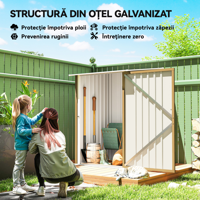  sopron de Gradina 0.92m² din Otel Galvanizat, Depozit pentru Unelte cu Usa cu Sistem de Blocare, Acoperis inclinat, 100x104x160 cm, Galben [4]