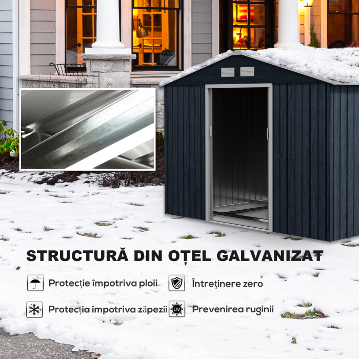  Sopron de Gradina cu Usi Duble Glisante din Tabla de Otel, 277x195x192cm, Gri [5]