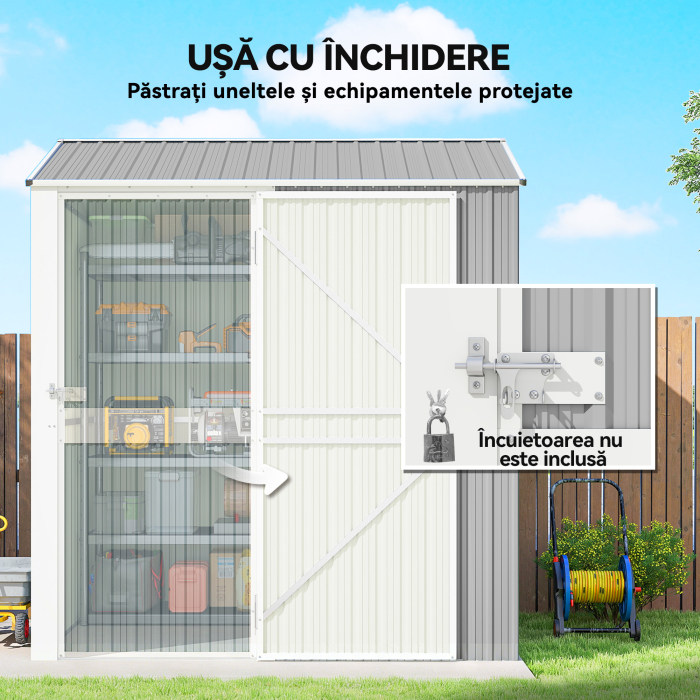  sopron de Gradina inalt de 3.51m² din Otel Galvanizat cu Orificii de Ventilatie, sopron de Gradina cu Usa Blocabila, Acoperis inclinat, Manusi, sopron pentru Unelte, 209x177x236 cm, Gri Argintiu [6]