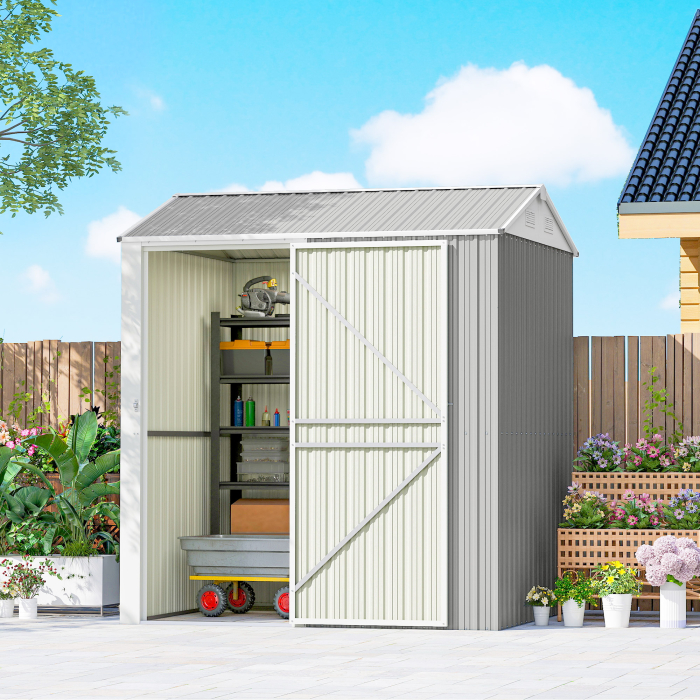  sopron de Gradina inalt de 3.51m² din Otel Galvanizat cu Orificii de Ventilatie, sopron de Gradina cu Usa Blocabila, Acoperis inclinat, Manusi, sopron pentru Unelte, 209x177x236 cm, Gri Argintiu [2]