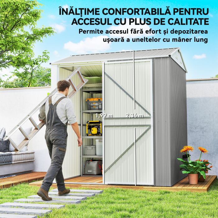  sopron de Gradina inalt de 3.51m² din Otel Galvanizat cu Orificii de Ventilatie, sopron de Gradina cu Usa Blocabila, Acoperis inclinat, Manusi, sopron pentru Unelte, 209x177x236 cm, Gri Argintiu [4]