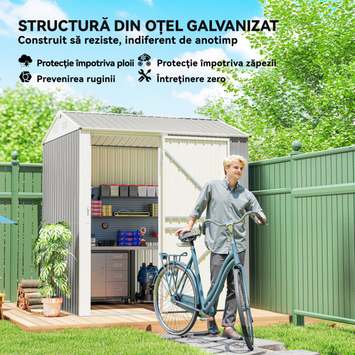  sopron de Gradina inalt de 3.51m² din Otel Galvanizat cu Orificii de Ventilatie, sopron de Gradina cu Usa Blocabila, Acoperis inclinat, Manusi, sopron pentru Unelte, 209x177x236 cm, Gri Argintiu [5]