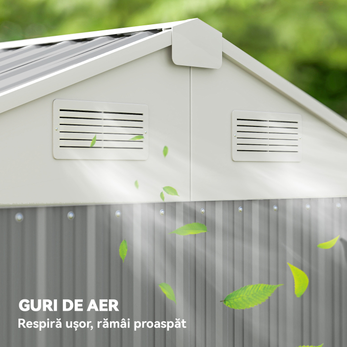  sopron de Gradina inalt de 3.51m² din Otel Galvanizat cu Orificii de Ventilatie, sopron de Gradina cu Usa Blocabila, Acoperis inclinat, Manusi, sopron pentru Unelte, 209x177x236 cm, Gri Argintiu [8]