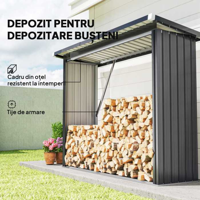  sopron pentru Lemne din Otel de Exterior, Baza Ridicata si Acoperis inclinat, 213x66,5x150 cm, Gri inchis [4]