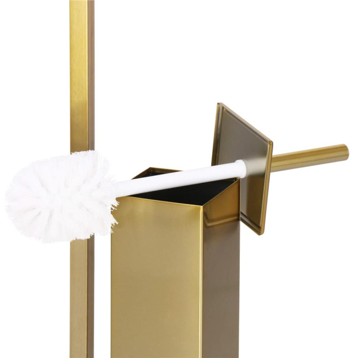 Stand cu perie WC si suport hartie igienica, metal si bambus, 67cm, auriu [9]