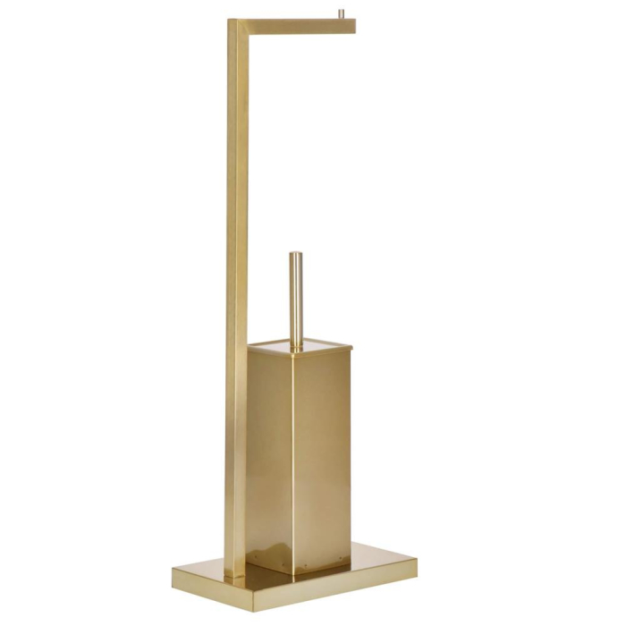 Stand cu perie WC si suport hartie igienica, metal si bambus, 67cm, auriu [4]