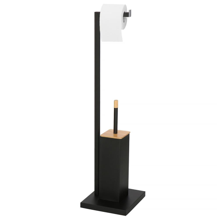 Stand cu perie WC si suport hartie igienica, metal si bambus, 79cm, negru [3]