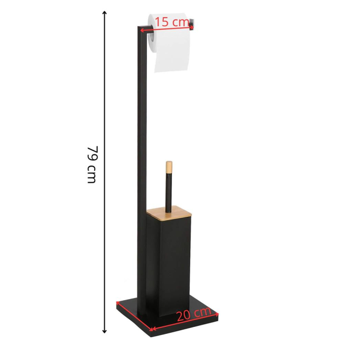 Stand cu perie WC si suport hartie igienica, metal si bambus, 79cm, negru [11]