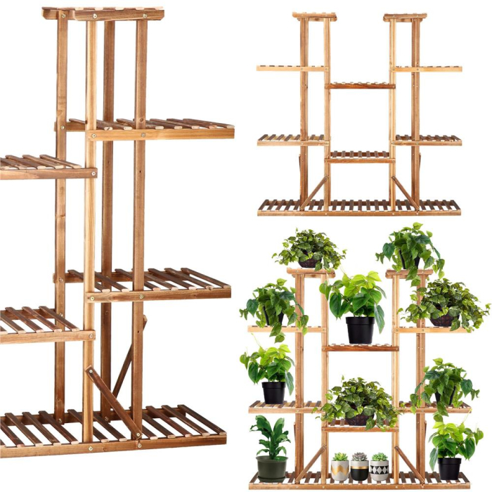 Stand flori din lemn 6 niveluri 15 locuri ghivece, efect antichizat, margini rotunjite, 119x120x25 cm, maro [3]