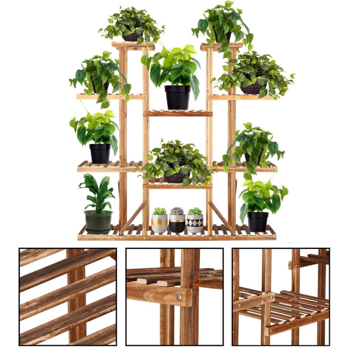 Stand flori din lemn 6 niveluri 15 locuri ghivece, efect antichizat, margini rotunjite, 119x120x25 cm, maro [15]