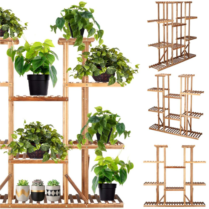 Stand flori din lemn 6 niveluri 15 locuri ghivece, efect antichizat, margini rotunjite, 119x120x25 cm, maro [4]