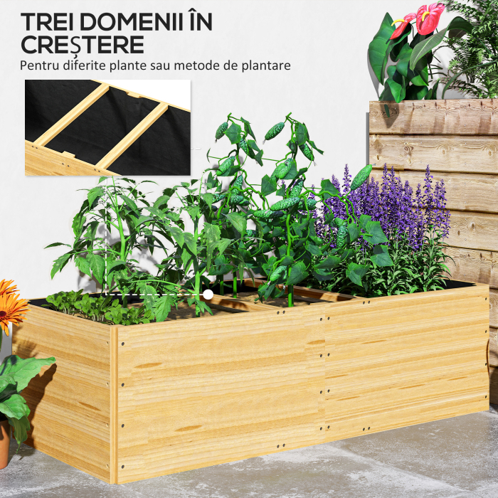  Strat de Gradina inaltat si Adanc cu 3 Zone de Crestere si Strat de Protectie, 140x60x40 cm, Lemn Natural [4]