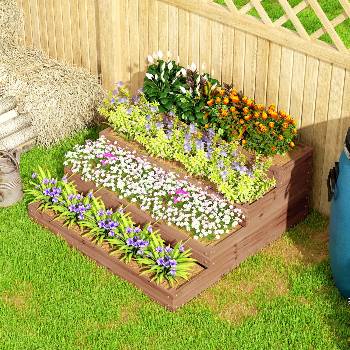  Strat inaltat de Gradina cu 4 Niveluri, Jardiniera de Balcon cu Baza Deschisa si Captuseala, 113x113x46 cm, Maro [8]