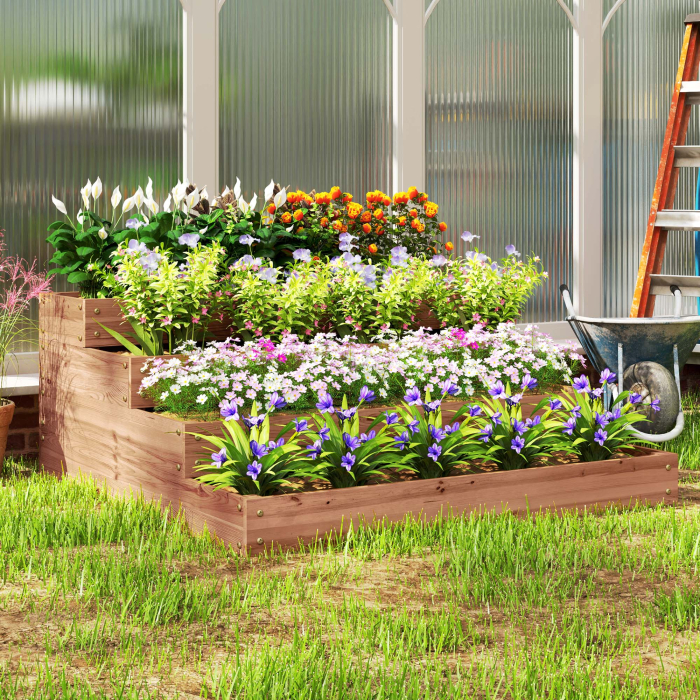  Strat inaltat de Gradina cu 4 Niveluri, Jardiniera de Balcon cu Baza Deschisa si Captuseala, 113x113x46 cm, Maro [7]