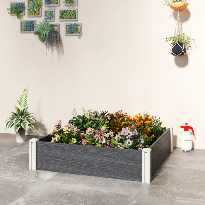  Strat inaltat pentru Gradina din Vinil, 102x102x33 cm, Kit Modular cu Picioare imbinabile si Baza Deschisa, Ghiveci pentru Culturi de Flori, Ierburi si Legume, Gri inchis [8]