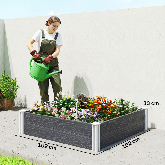  Strat inaltat pentru Gradina din Vinil, 102x102x33 cm, Kit Modular cu Picioare imbinabile si Baza Deschisa, Ghiveci pentru Culturi de Flori, Ierburi si Legume, Gri inchis [3]