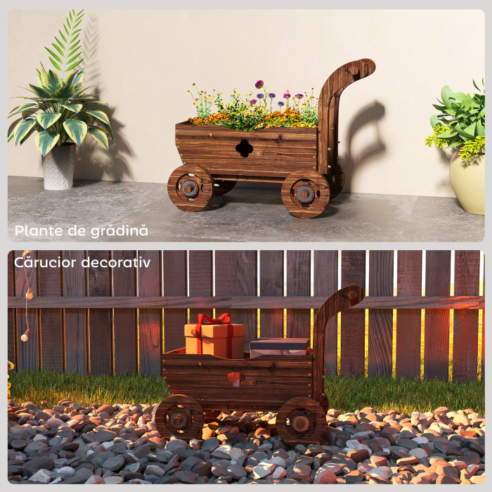  Strat inaltat pentru Gradina in Forma de Carucior cu 4 Roti si Maner, Ghiveci din Lemn de Molid cu Gauri de Drenaj, pentru Balcon, Terasa, 68x38x52 cm, Finisaj Carbonizat [8]
