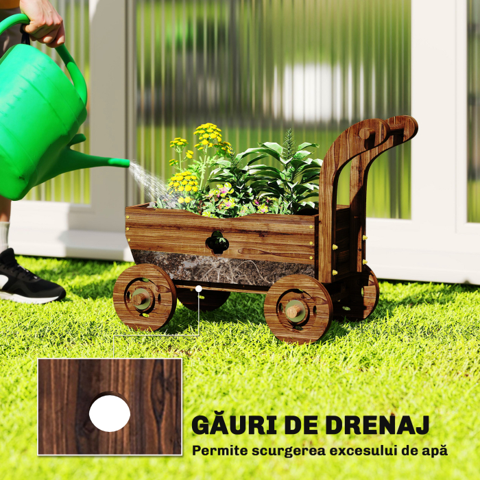  Strat inaltat pentru Gradina in Forma de Carucior cu 4 Roti si Maner, Ghiveci din Lemn de Molid cu Gauri de Drenaj, pentru Balcon, Terasa, 68x38x52 cm, Finisaj Carbonizat [5]