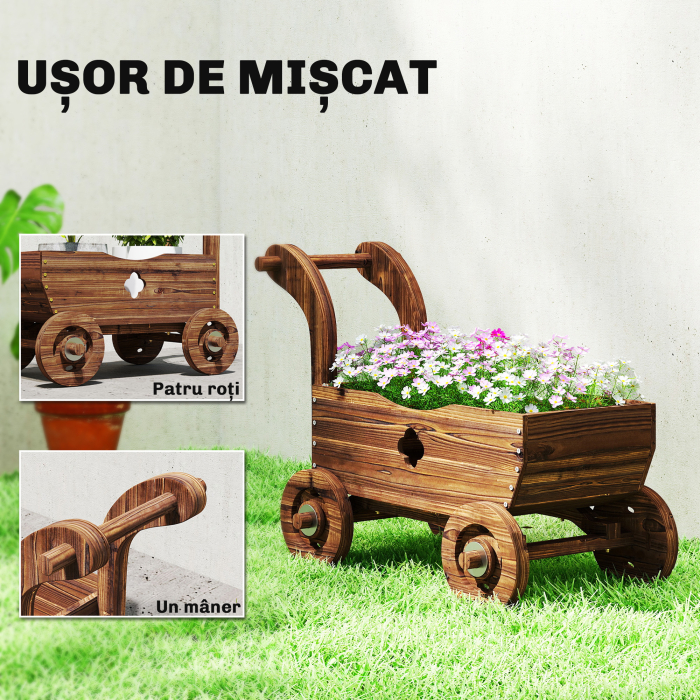  Strat inaltat pentru Gradina in Forma de Carucior cu 4 Roti si Maner, Ghiveci din Lemn de Molid cu Gauri de Drenaj, pentru Balcon, Terasa, 68x38x52 cm, Finisaj Carbonizat [6]