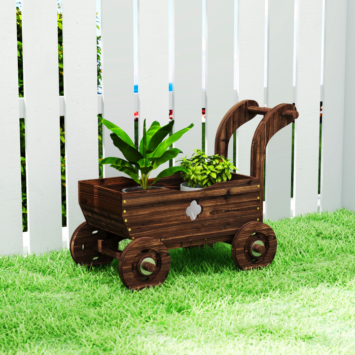  Strat inaltat pentru Gradina in Forma de Carucior cu 4 Roti si Maner, Ghiveci din Lemn de Molid cu Gauri de Drenaj, pentru Balcon, Terasa, 68x38x52 cm, Finisaj Carbonizat [2]
