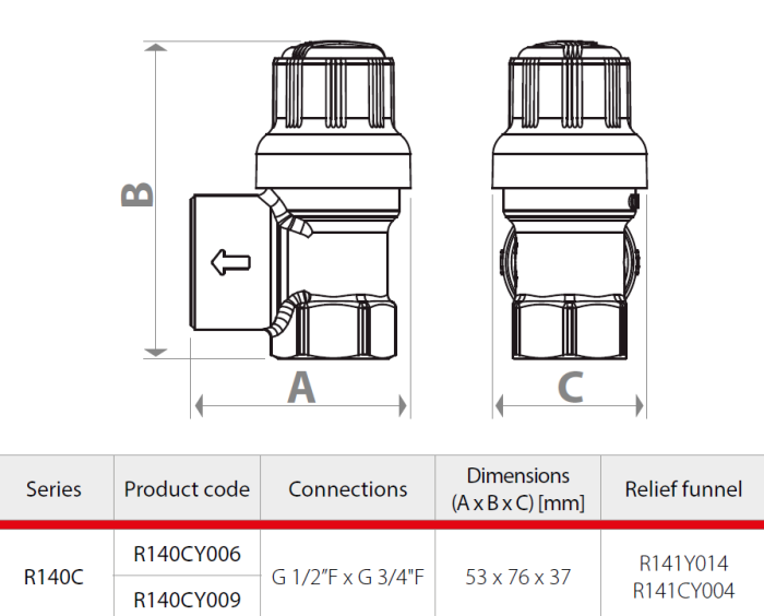 Supapa de siguranta solara Giacomini R140CY006, 4 bar, filet interior 1/2” x  3/4”, pentru instalatii termice si panouri solare, alama [2]