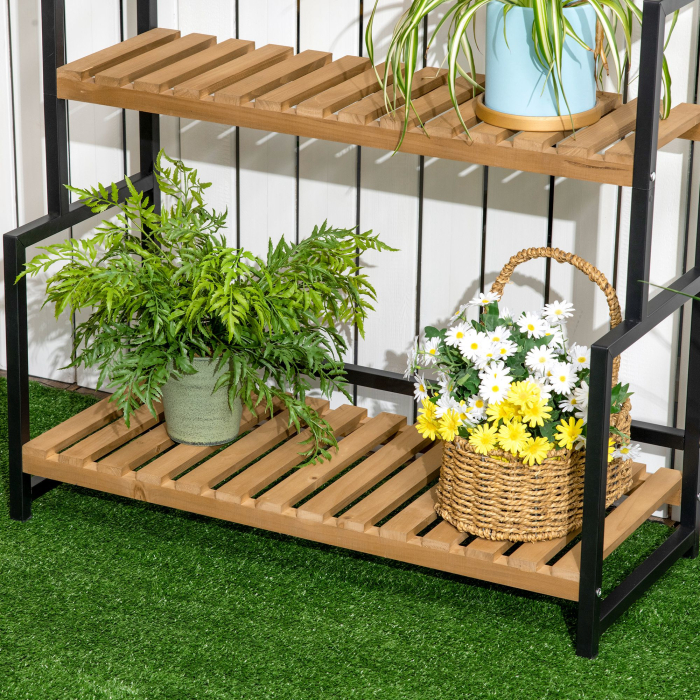  Suport de flori cu 3 niveluri cu carlige din lemn de brad si metal pentru interior si exterior, 80x36x174 cm, culoare negru si lemn [8]