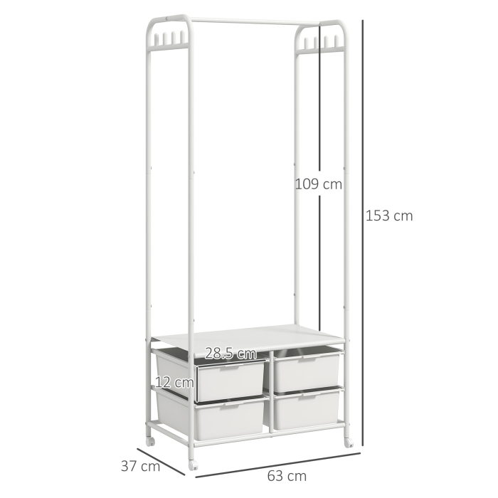  Suport de Haine cu Dulap pentru Pantofi, 4 Cosuri si 8 Carlige, din Otel si Plastic, 63x37x153 cm, Alb [3]