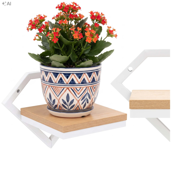 Suport de perete pentru ghiveci si plante decorative, cu polita din MDF si structura metalica rezistenta, montaj usor cu accesorii incluse, maxim 10 k [16]