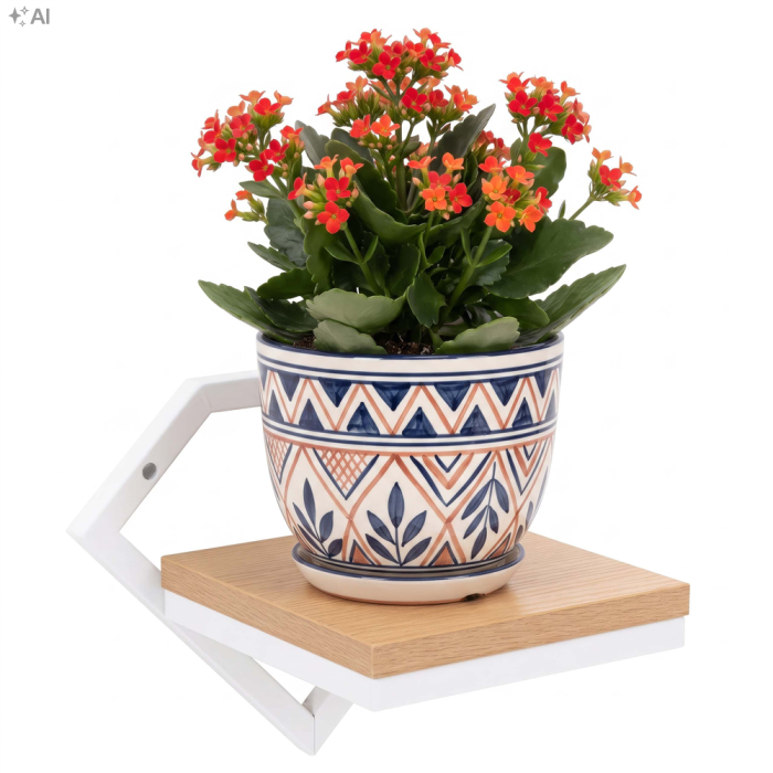 Suport de perete pentru ghiveci si plante decorative, cu polita din MDF si structura metalica rezistenta, montaj usor cu accesorii incluse, maxim 10 k [6]