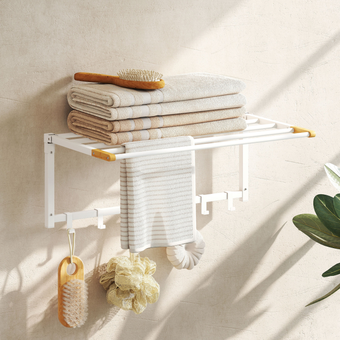  Suport de Prosoape de Perete Pliabil cu 5 Bare si 6 Carlige din Lemn si Otel [2]