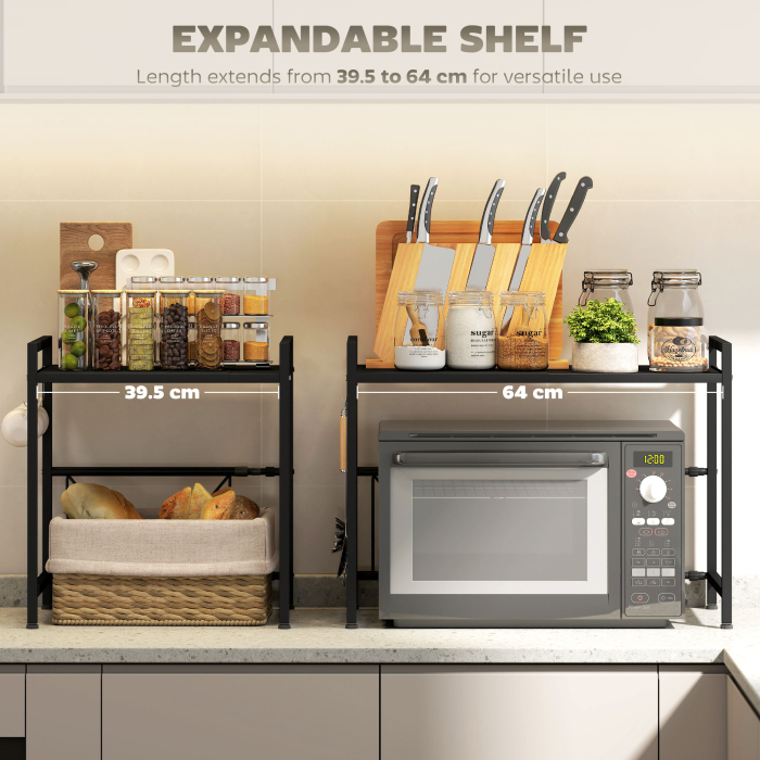  Suport Extensibil pentru Cuptorul cu Microunde cu 2 Nivele si 3 Ganci, din Metal, 39.5-64x32x47.5 cm, Negru [5]