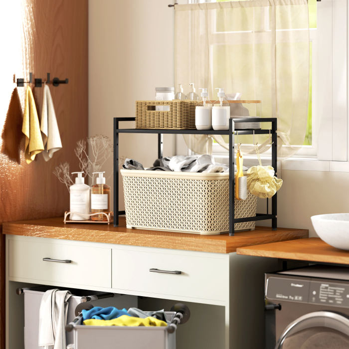  Suport Extensibil pentru Cuptorul cu Microunde cu 2 Nivele si 3 Ganci, din Metal, 39.5-64x32x47.5 cm, Negru [8]