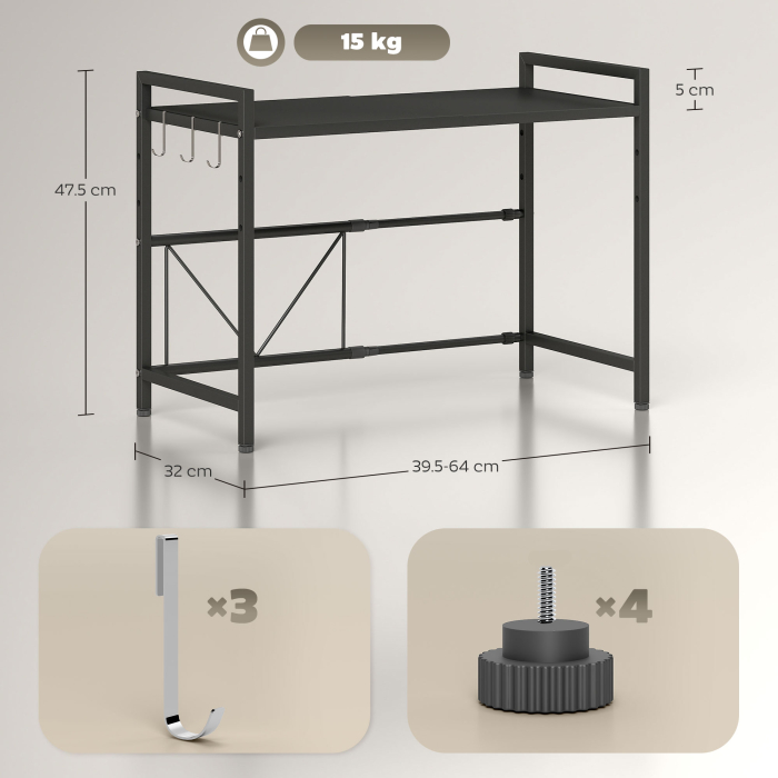  Suport Extensibil pentru Cuptorul cu Microunde cu 2 Nivele si 3 Ganci, din Metal, 39.5-64x32x47.5 cm, Negru [3]