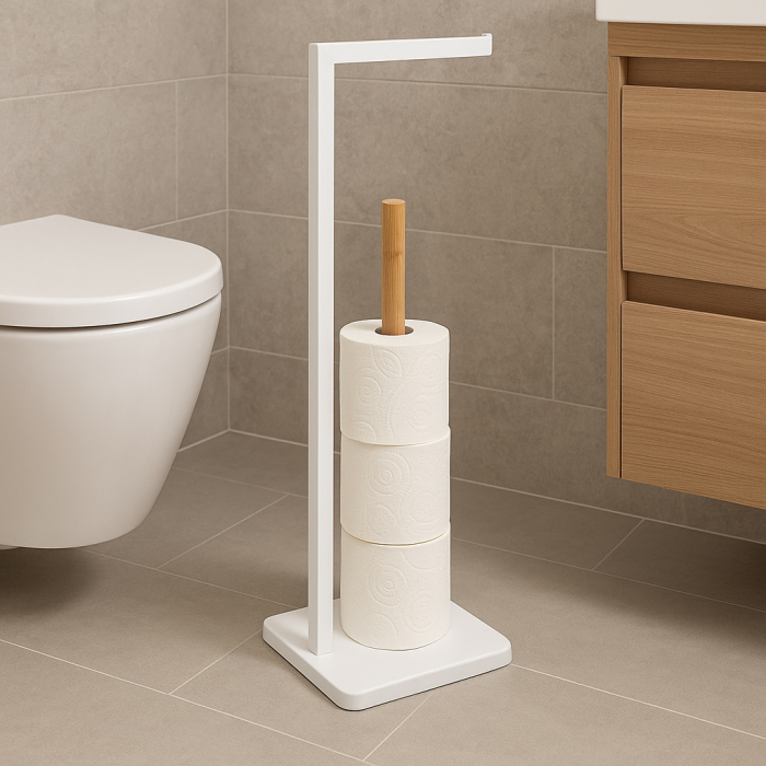 Suport hartie igienica 5Five Natureo, metal si bambus, 20x20x65 cm, alb [2]