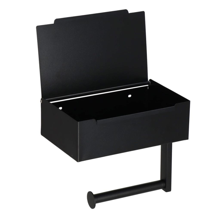 Suport hartie igienica din otel cu sertar depozitare, sistem montare inclus, 22cm, negru bej [8]