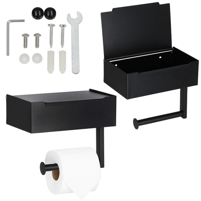 Suport hartie igienica din otel cu sertar depozitare, sistem montare inclus, 22cm, negru bej [4]