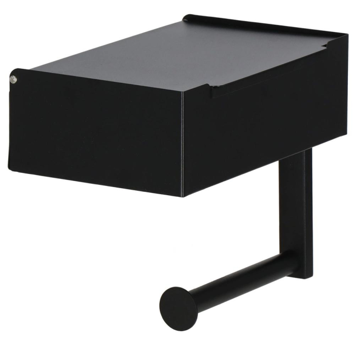 Suport hartie igienica din otel cu sertar depozitare, sistem montare inclus, 22cm, negru bej [10]