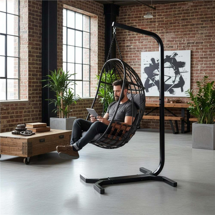 Suport leagan tip cuib sau hamac suspendat, cadru otel, maxim 180 kg, 92x92x205 cm, negru [9]